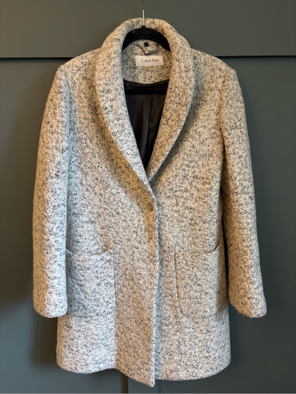 Calvin Klein Bouclé Shawl Collar Coat Gray White Marled Overcoat Size Large Wool